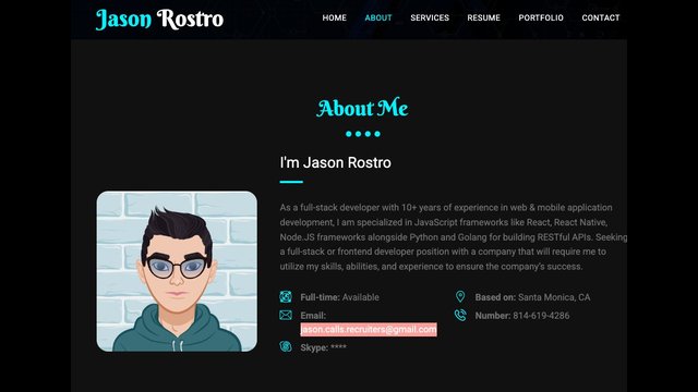 Jason Rostro personal website with cartoon avatar and jason.calls.recruiters@gmail.com email